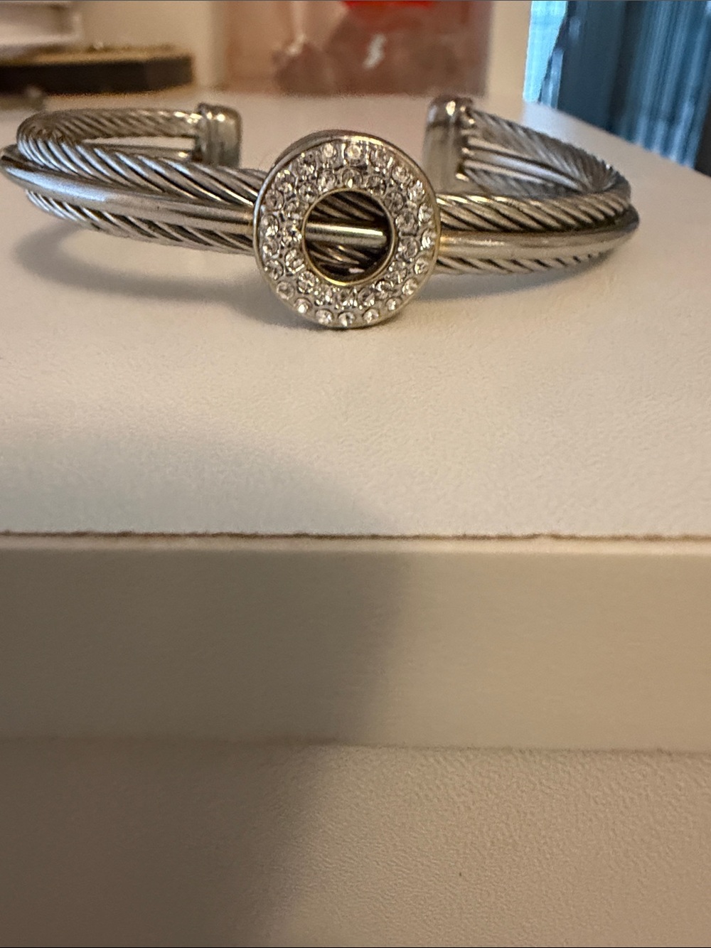 Silver Twisted Cable Crystal Accent Cuff Bracelet